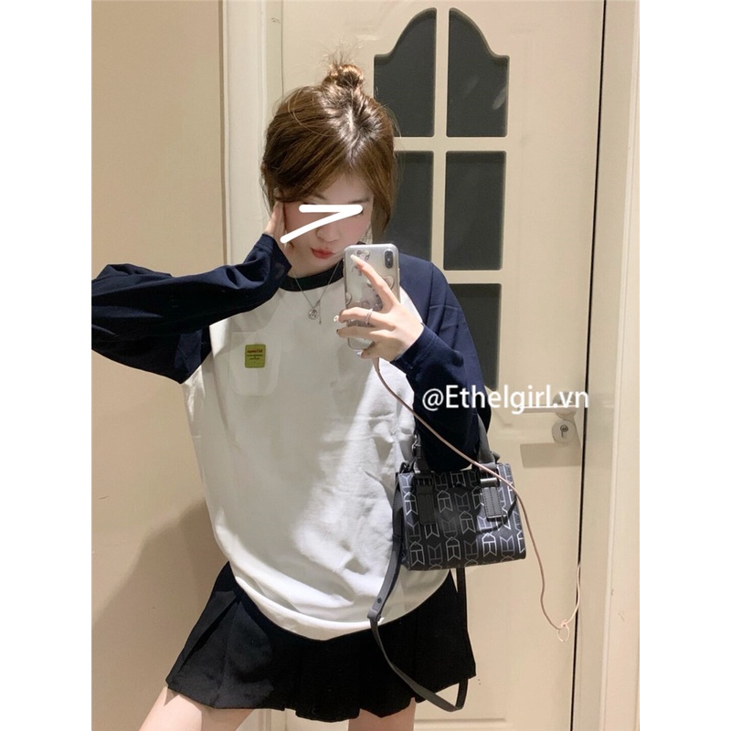 Áo Thun Nữ Tay Dài Phối Màu Sắc Tương Phản Phong Cách vintage Hàn Quốc