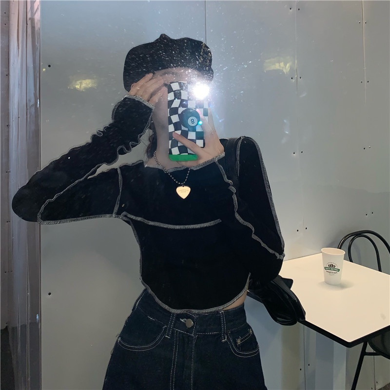 SUXI Áo Thun Tay Dài Màu Sắc Đơn Giản Phong Cách Vintage Dành Cho Nữ