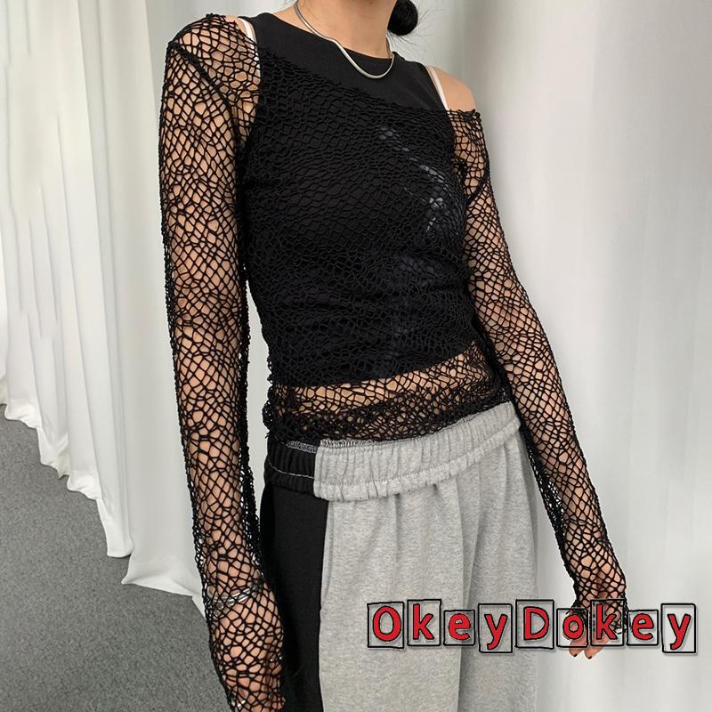 Áo Thun Nữ Tay Dài Hở Vai y2k Họa Tiết Học Viện Mỹ Thuật Màu Tối Cá Tính