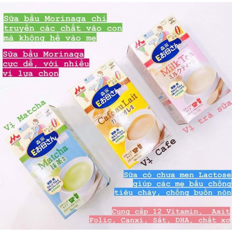 (Date T3/2023) Sữa bầu Morinaga vị Cafe,Hồng Trà,Matcha hộp 12 gói