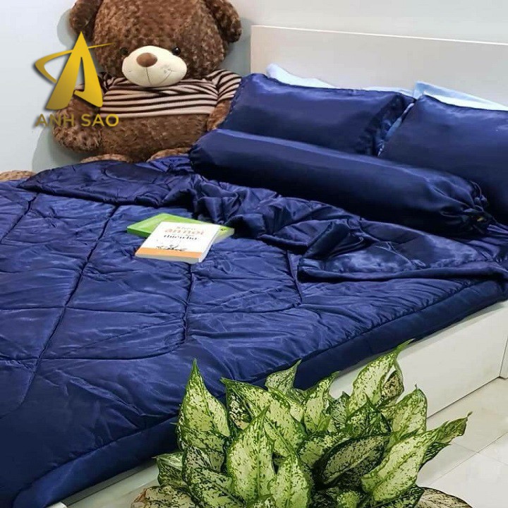 Bộ Chăn Drap Lụa Cao Cấp Ánh Sao Màu Xanh Đậm 1m6x2m/1m8x2m - Mền lồng lớp bông mỏng có chân chỉ hình thoi