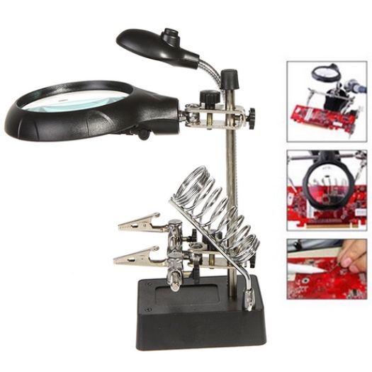 Kính lúp kẹp mạch điện 3 kính 5 đèn led gác mỏ hàn dùng nguồn AC-DC