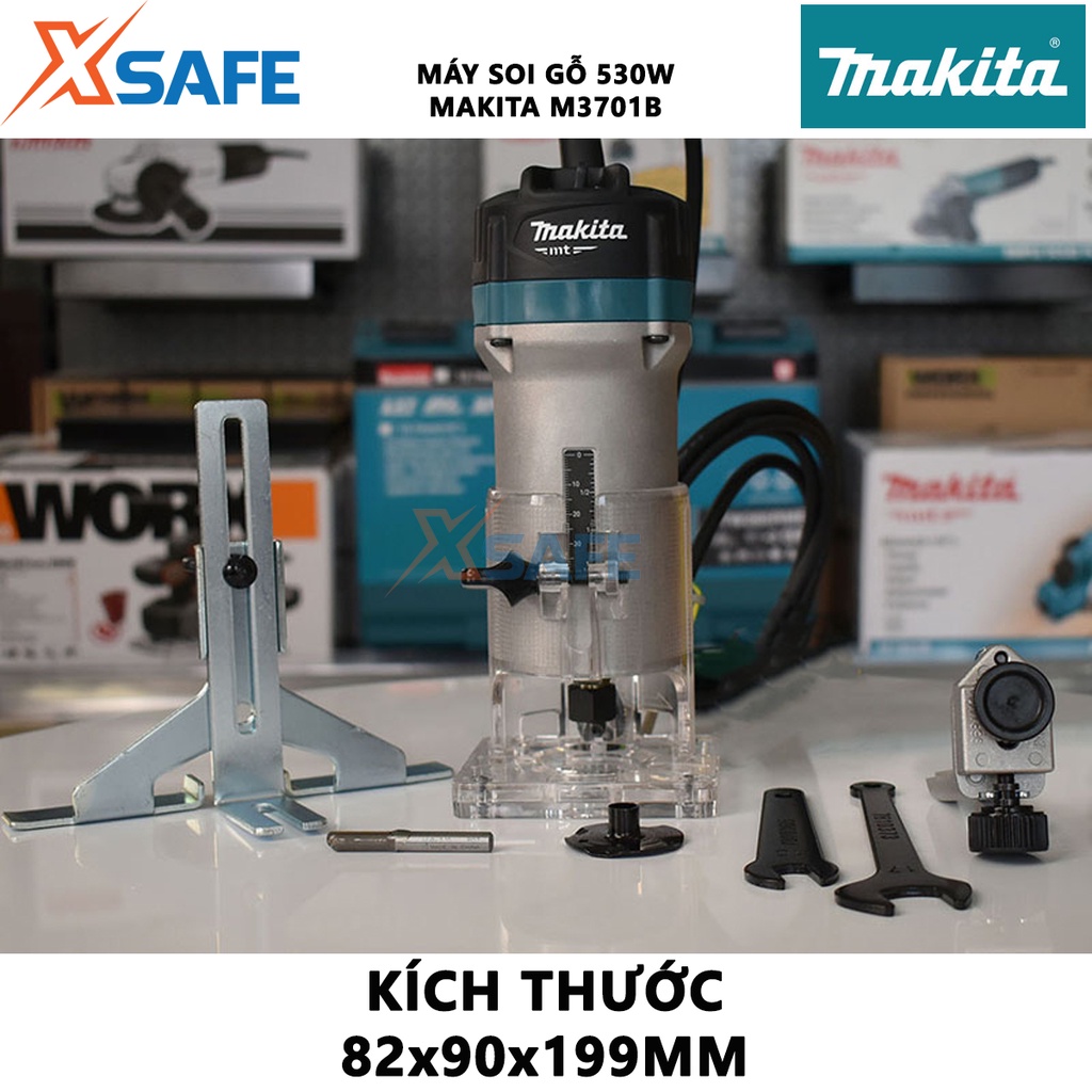 Máy phay MAKITA M3701B 530W đánh cạnh mini tốc độ không tải 35000, vỏ nhôm, độ bền cao, đế trong nhìn rõ viền cắt