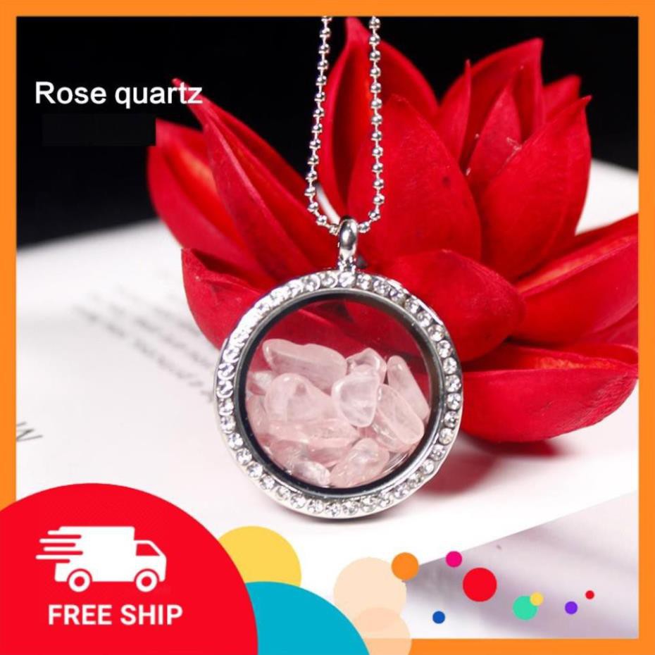 [Freeship toàn quốc]  Vòng Cổ Mặt Dây Chuyền Hộp Hợp Kim Sỏi Pha Lê tự nhiên Đá Rose Quartz Đẹp