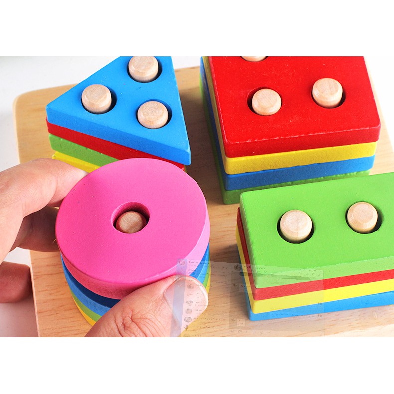 Bộ xếp cọc hình học - giáo cụ Montessori - Đồ chơi gỗ Smart Baby - dochoigo029