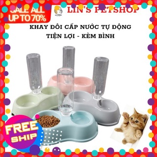 Bát ăn đôi kèm bình nước tự động cho chó mèo- tặng kèm bình nước 500ml.