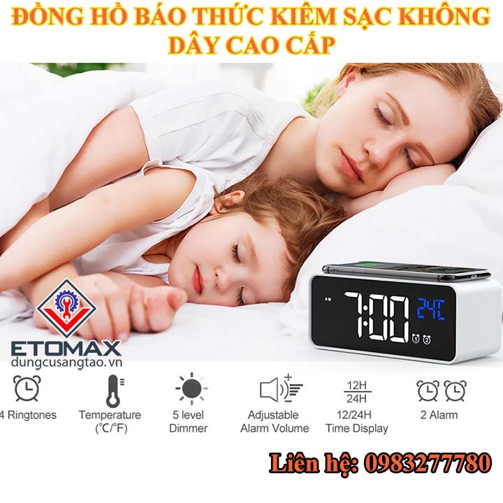 Đồng Hồ Báo Thức Điện Tử LED Kiêm Sạc Điện Thoại Không Dây Cao Cấp