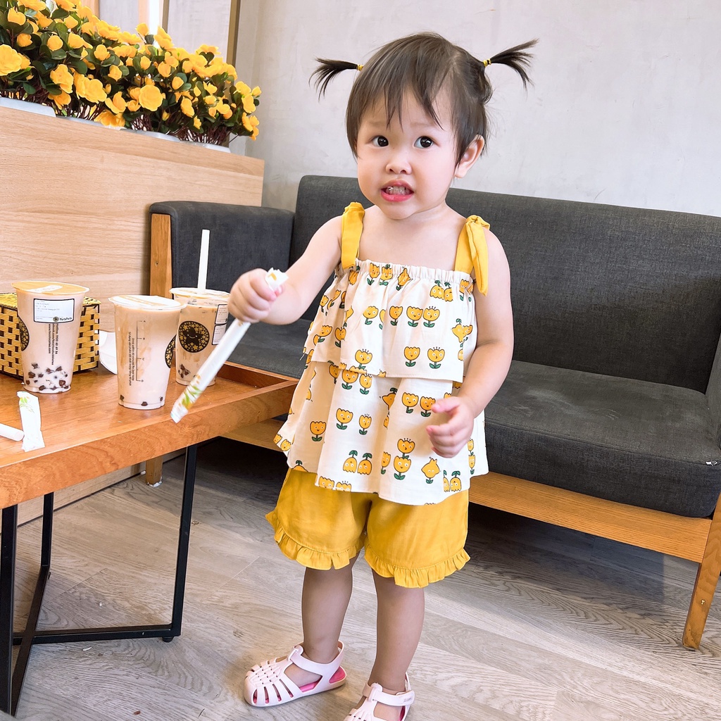 Đồ bộ cho bé gái 2 dây chun ngực Hapykids, chất liệu đũi xước mát mẻ cho bé từ 1-6 tuổi B915