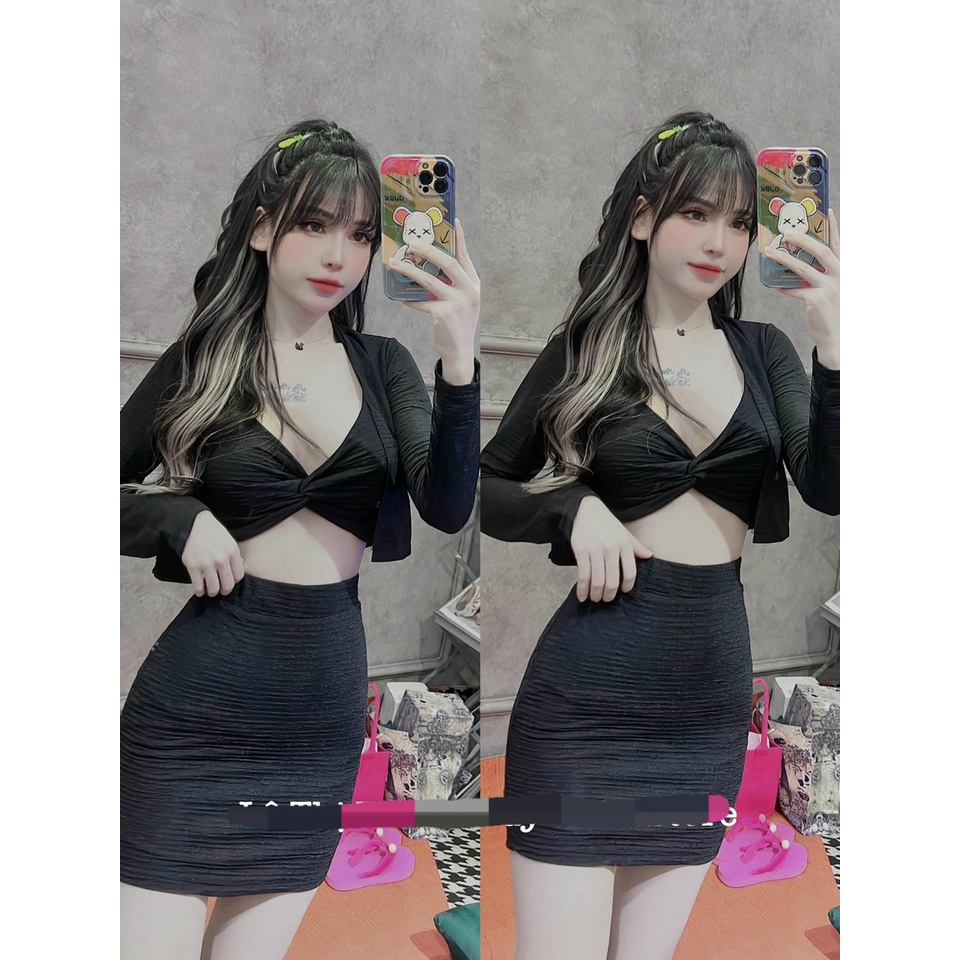 Sét bộ đi chơi,sét 3 món gồm áo khoác ngoài dài tay ,áo bra và chân váy cực xinh chất thun xốp kim cương y mẫu