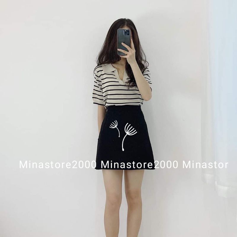 (Sẵn/Ảnh thật) Áo Polo nữ tay ngắn họa tiết kẻ ngang phong cách Hàn Quốc, Áo croptop kẻ ngang