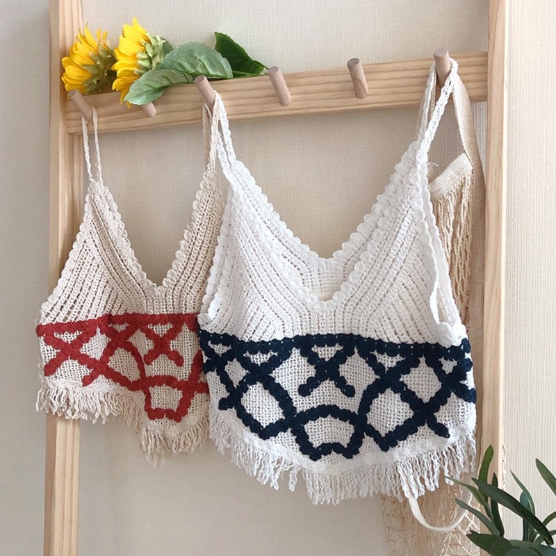 Áo Tank Top Cổ Chữ V Đan Móc Màu Sắc Retro Dành Cho Nữ