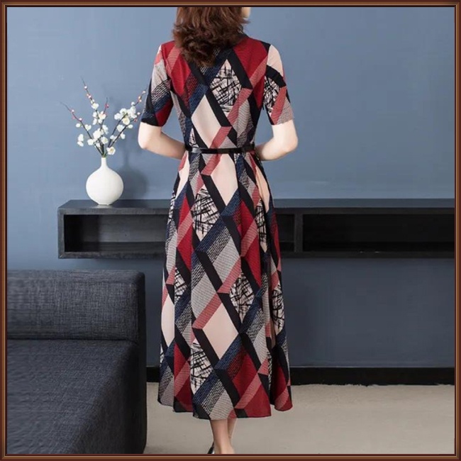 Đầm Dài Cổ Chữ V Tay Ngắn Họa Tiết Kẻ Ô Kèm Thắt Lưng Phong Cách Cổ Điển Dành Cho Nữ