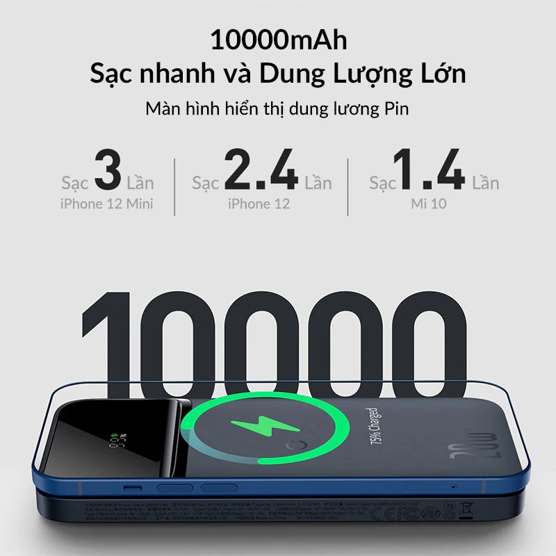 [Mã 44ELSALE2 giảm 7% đơn 300K] Pin Sạc Dự Phòng Không Dây Baseus Dung Lượng 10000mAh Sạc Nhanh 20W Cho Iphone 12