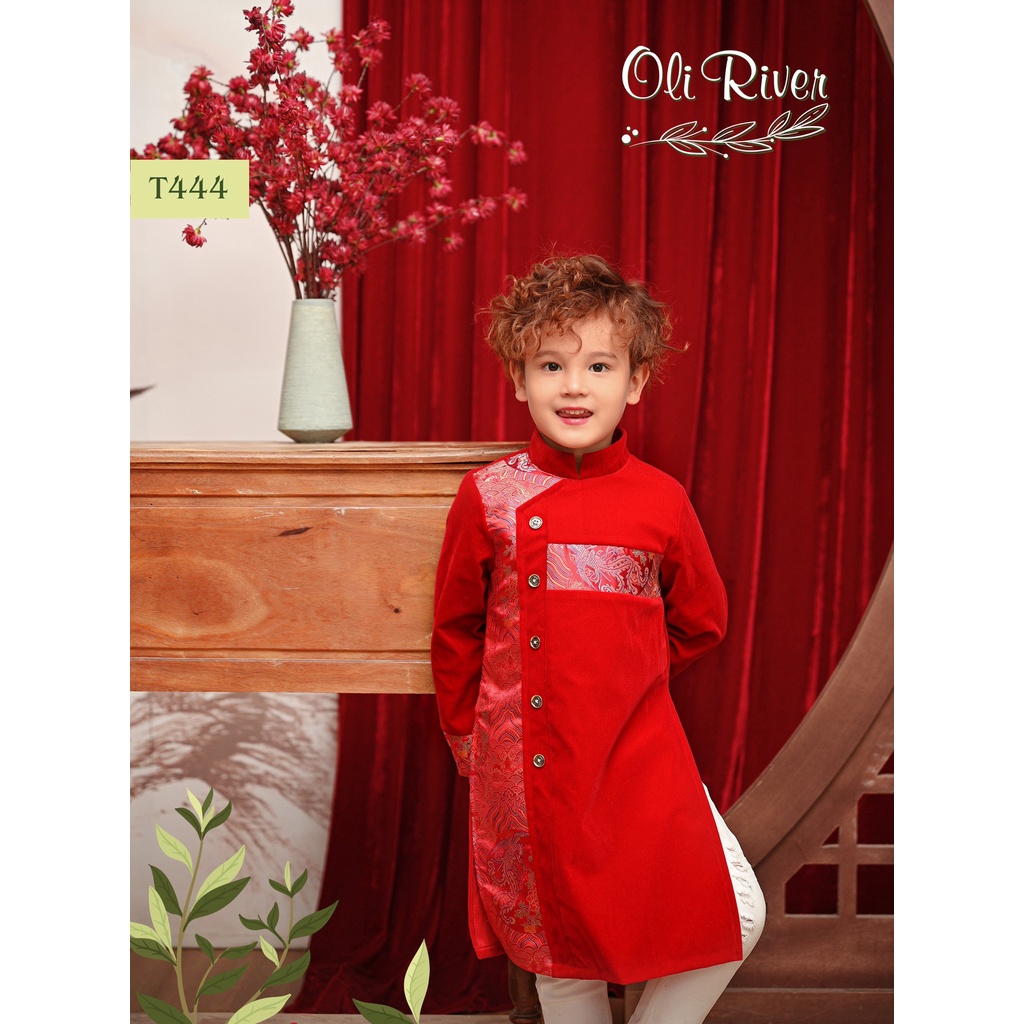 [1-10t] Áo Dài Oliver Bé Trai Nhung Đỏ Phối Gấm Cho Bé Từ 8-32kg