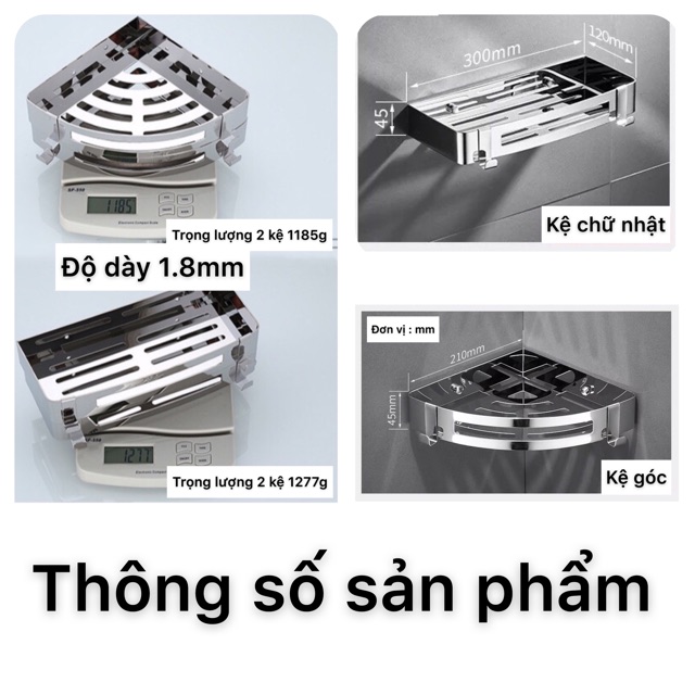 ( Dán tường ) Kệ góc, chữ nhật inox 304 sơn tĩnh điện để đồ nhà tắm đựng dầu gội sữa tắm kèm móc treo đa năng