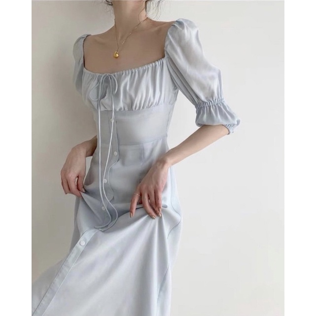 ĐẦM MIDI CỔ VUÔNG XẾP LY NGỰC TAY KHUC BO