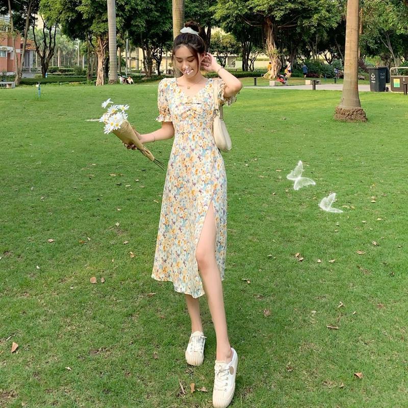 Đầm Voan Hoa Cổ Chữ V Ôm Eo Phong Cách Pháp Thời Trang Mùa Hè Hàng Mới Dành Cho Bạn Nữ