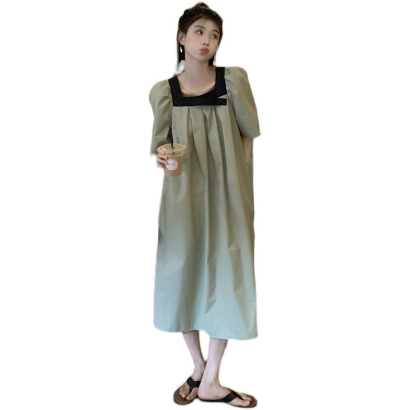 Plus Đầm Midi Cổ Vuông Tay Ngắn Dáng Rộng Thời Trang Mùa Hè Hàn Quốc 2022 Cho Nữ