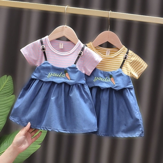 0-4 years old baby striped denim dress summer thin section of pure cotton baby girl summer dress foreign style infant child princess dress Korean children’s dress