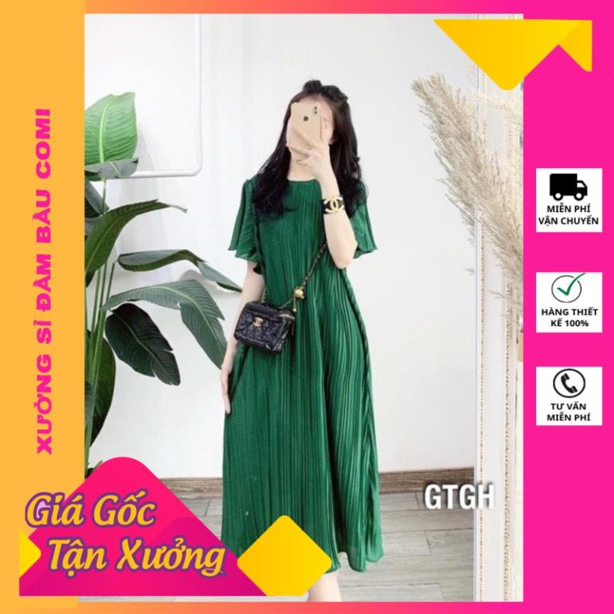 Váy bầu thiết kế thời trang đẹp dài midi xếp ly freesize 45-70kg mùa hè