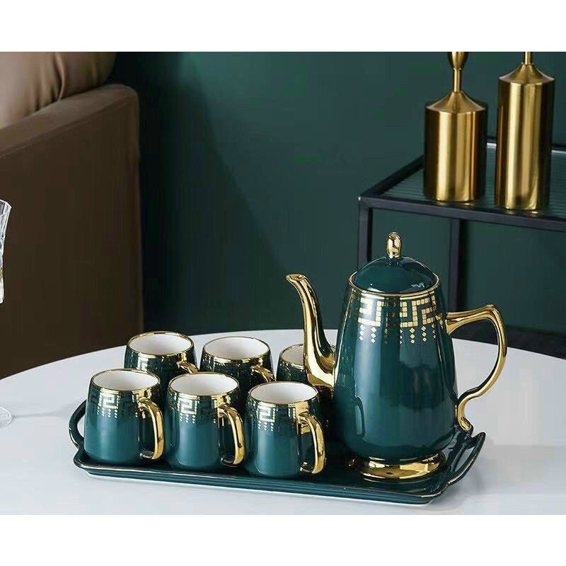 Bộ ấm chén trà sứ cao cấp xanh cổ vịt viền vàng bằng sứ cao cấp sang trọng, đẳng cấp (ấm cao, hoạ tiết zic zac)