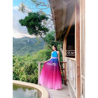 Đầm maxi yếm cổ dập ly phối màu