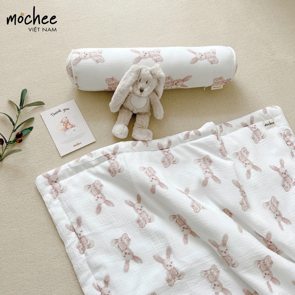 Chăn trần bông cho bé Mochee 120x90cm, chăn vải xô muslin họa tiết - Monnie Kids