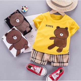 Bộ quần áo hè ngắn tay cho bé gấu teddy nâu đáng yêu cotton cao cấp form to TB01