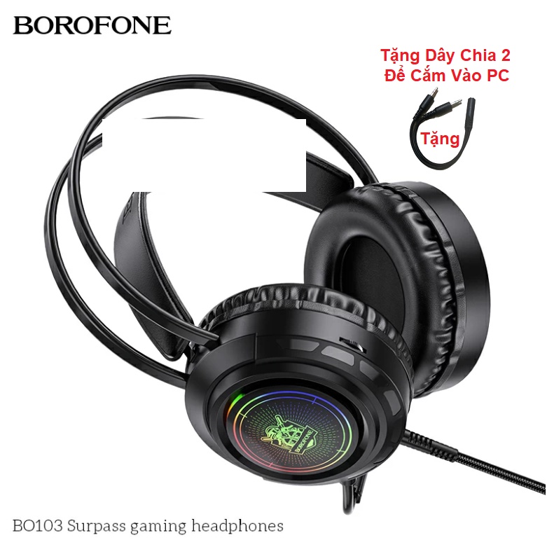 Tai Nghe Chụp Tai Có Dây Cho Game thủ BOROFONE BO103, Chống Ồn, Hiệu Ứng LED đẹp mắt, Jack USB và 3.5mm - Bảo Hành 12T