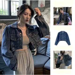 Áo khoác jean croptop dài tay màu xanh đậm dành cho nữ Denim
