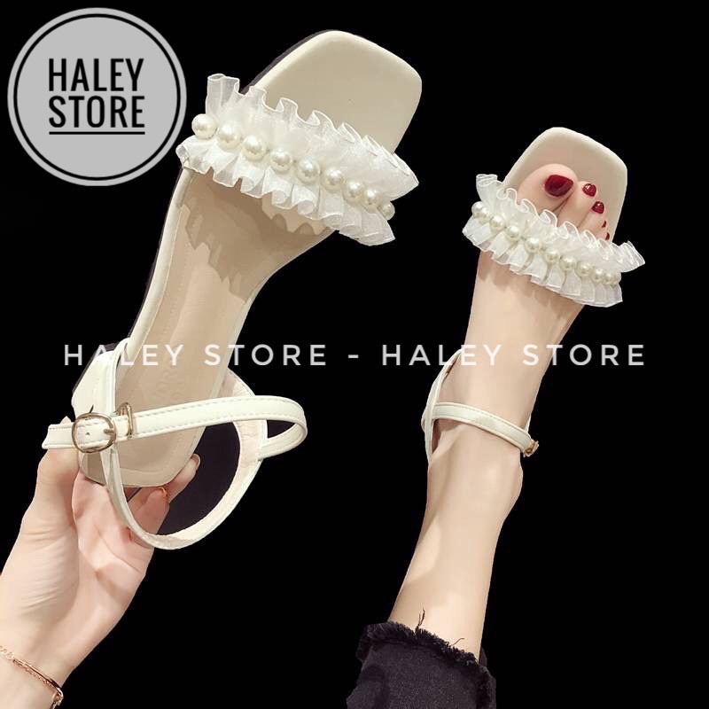 Giày sandal nữ HALEY STORE gót vuông cao 7cm dễ đi quai ngang đính ren ngọc tiểu thư đi chơi đi tiệc đi cưới cô dâu