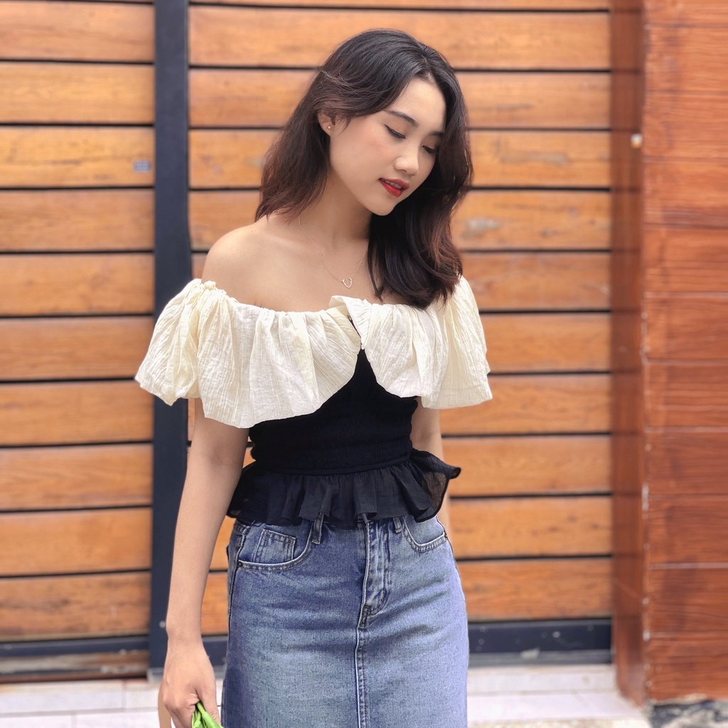 (HÀNG SẴN - HÌNH THẬT) Áo bẹt vai phối cổ voan xinh xắn - Áo croptop mặc được 2 kiểu