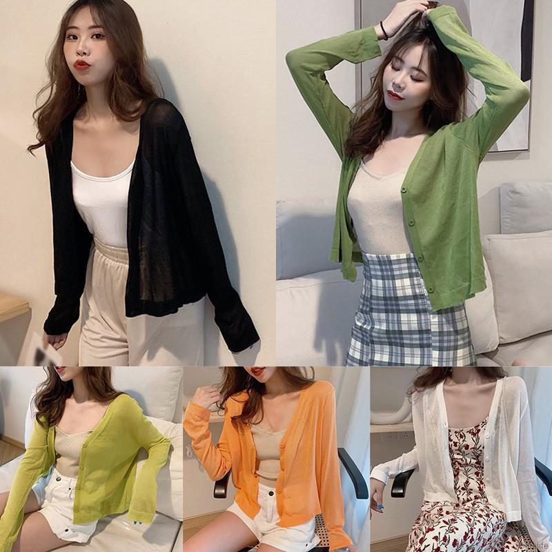 Áo Khoác Cardigan Dài Tay Cổ Chữ V Phối Nút Xinh Xắn Dành Cho Nữ