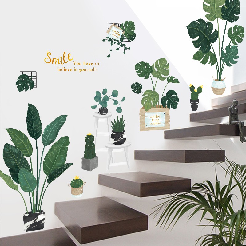 decal dán tường chậu cây xanh