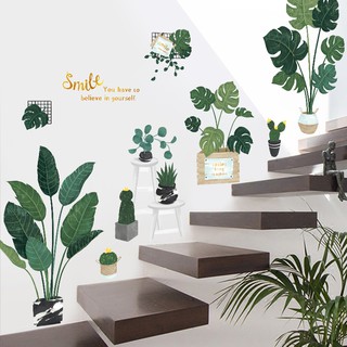 decal dán tường chậu cây xanh