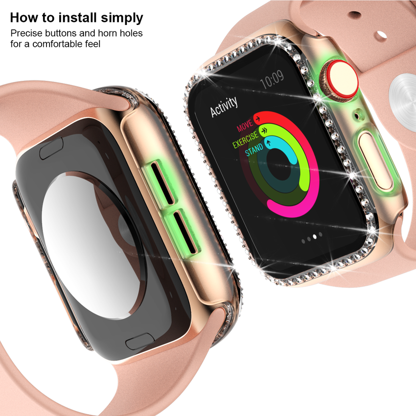 Ốp kim cương kèm phim thủy tinh bảo vệ chống va đập cho Apple Watch dòng 6 5 4 3 2 1/iwatch 40mm 44mm 38MM 42MM