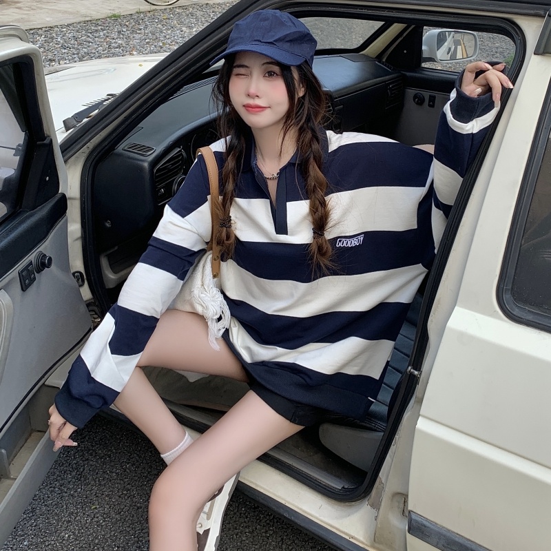 Áo thun polo ZHELIHANGFEI tay dài kẻ sọc thêu họa tiết kiểu retro dễ phối đồ