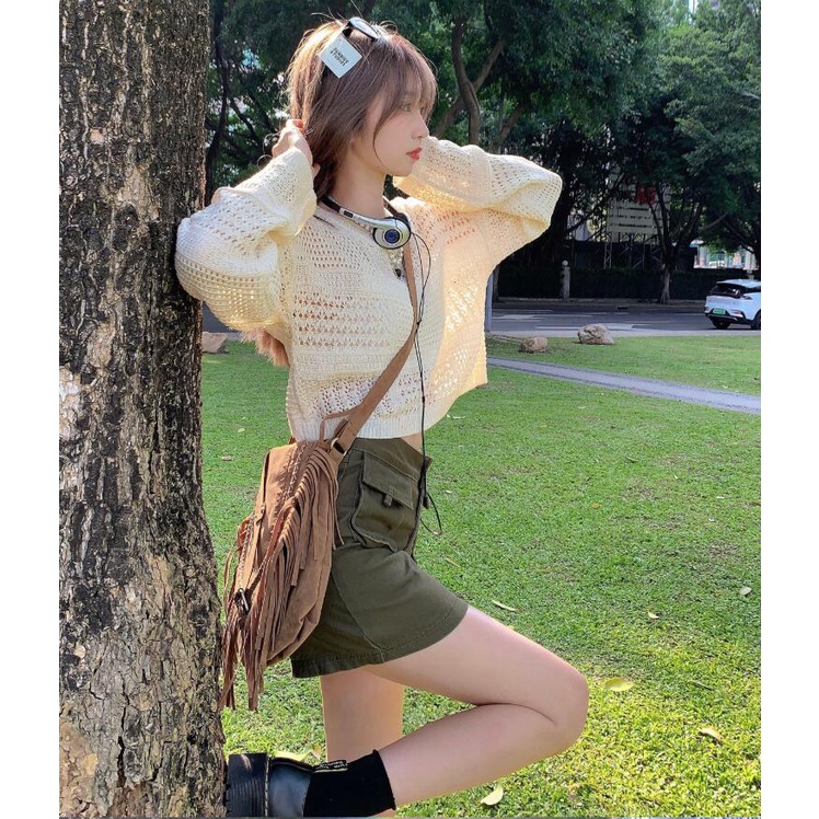 NUZIRO  Áo dệt kim tay dài chống nắng dáng rộng khoét lỗ/ chân váy  thời trang mùa hè hàng mới dành cho bạn nữ