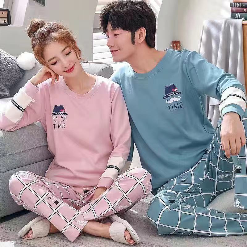 Bộ đồ ngủ cotton tay dài thời trang xuân hè cho cặp đôi 1If