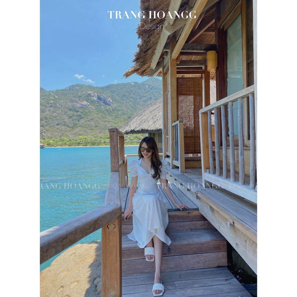 Đầm Maxi Trắng xoắn Ngực Tay Phồng | BigBuy360 - bigbuy360.vn