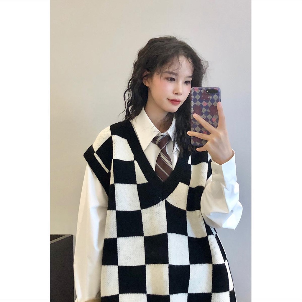 【Keroro】Áo Gile len đan nữ Cổ tim Kẻ sọc Caro Form rộng Phong cách | BigBuy360 - bigbuy360.vn