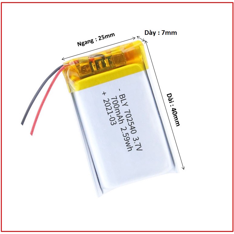 Pin Sạc Lithium 702540 3.7V  Dung lượng 700 mAh