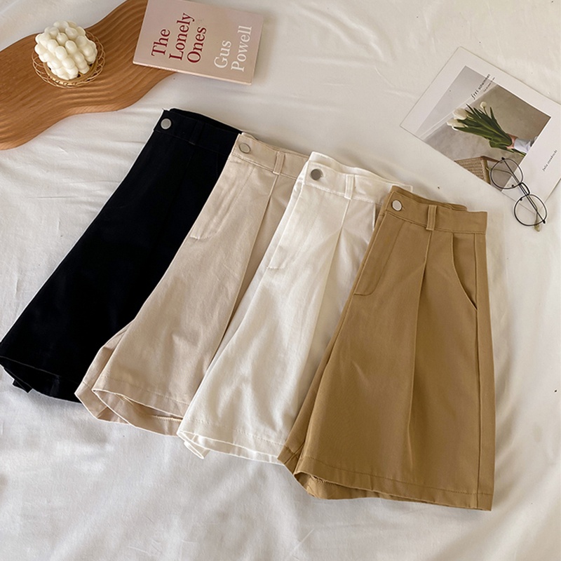 Quần short nữ ống rộng Lưng cao Dáng suông Mùa Hè Quần Sooc đùi nữ Cạp cao Ống rộng Hàn Quốc
