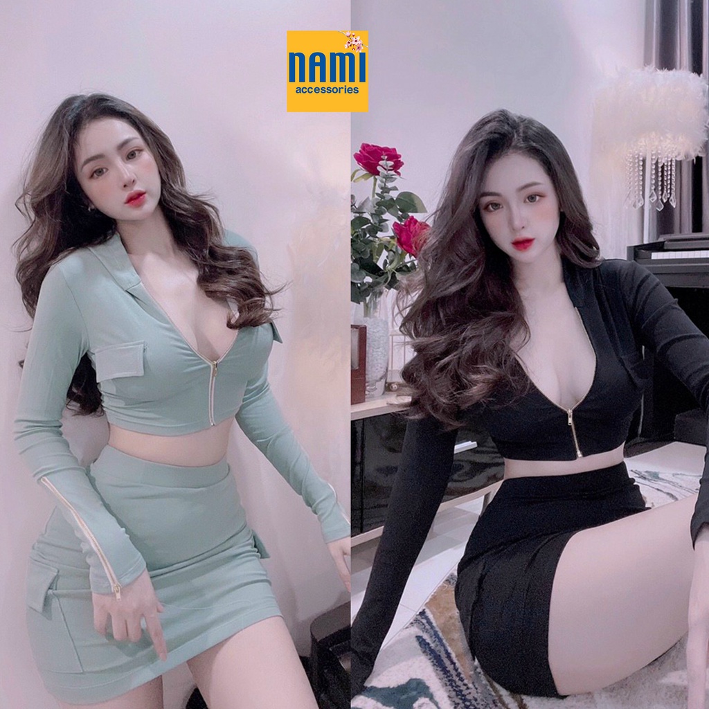 SET THỂ THAO CROPTOP MŨ KHOÁ KÉO KÈM CHÂN VÁY ÔM BODY SEXY QUYẾN RŨ - QANU451