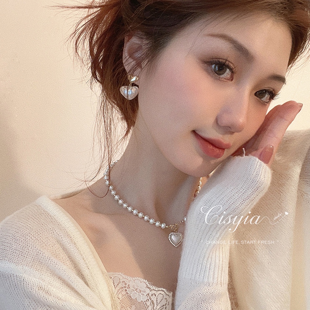 Vòng cổ Ngọc Trai Mặt Trái Tim Thời Trang Thu Đông Cho Nữ