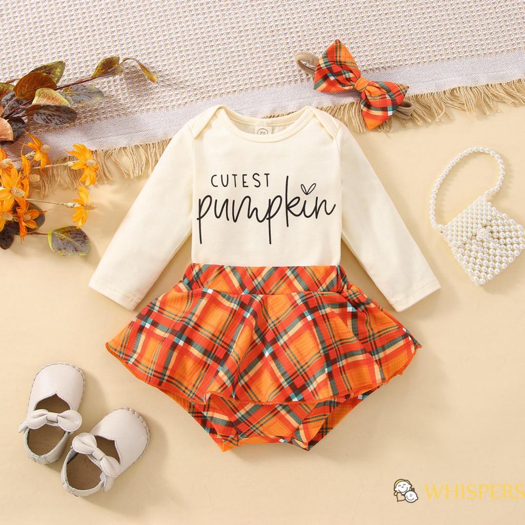 Bộ Áo Liền Quần Tay Dài In Chữ + Quần Short In Họa Tiết Bí Ngô + Băng Đô Cài Tóc Thời Trang Mùa Hè Cho Bé Gái 0-3