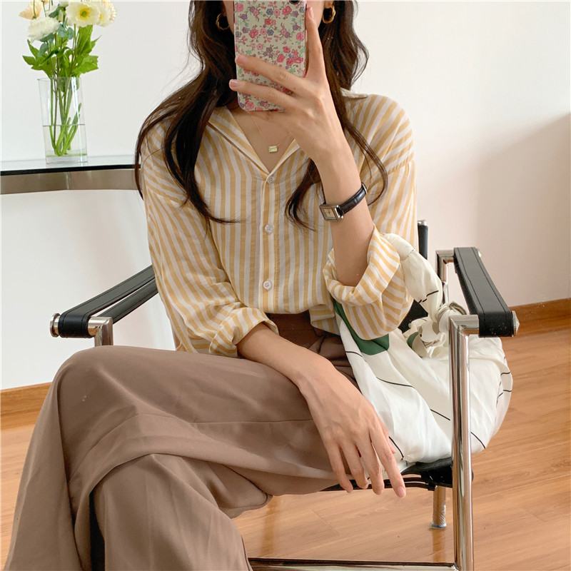 Áo sơ mi nữ SUXI tay dài kẻ sọc dáng rộng phong cách Hàn Quốc