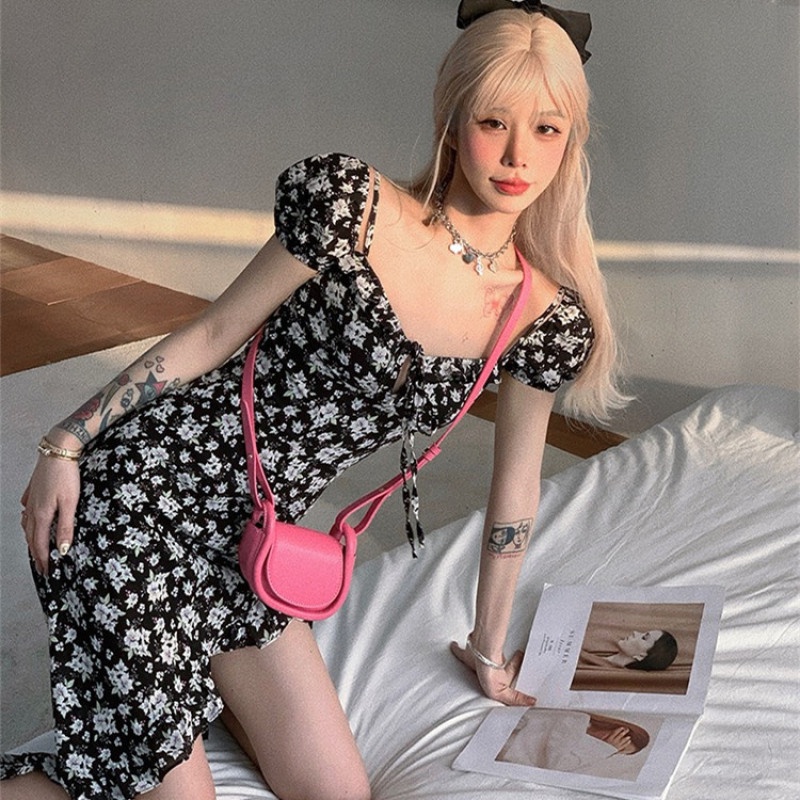 Đầm midi Tay Ngắn Hoạ Tiết Hoa Thiết Kế Xẻ Hợp Thời Trang