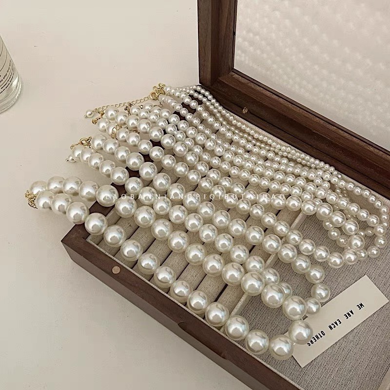 Vòng cổ nữ, choker hạt trai nhân tạo trơn phong cách cổ điển nhiều size - B128