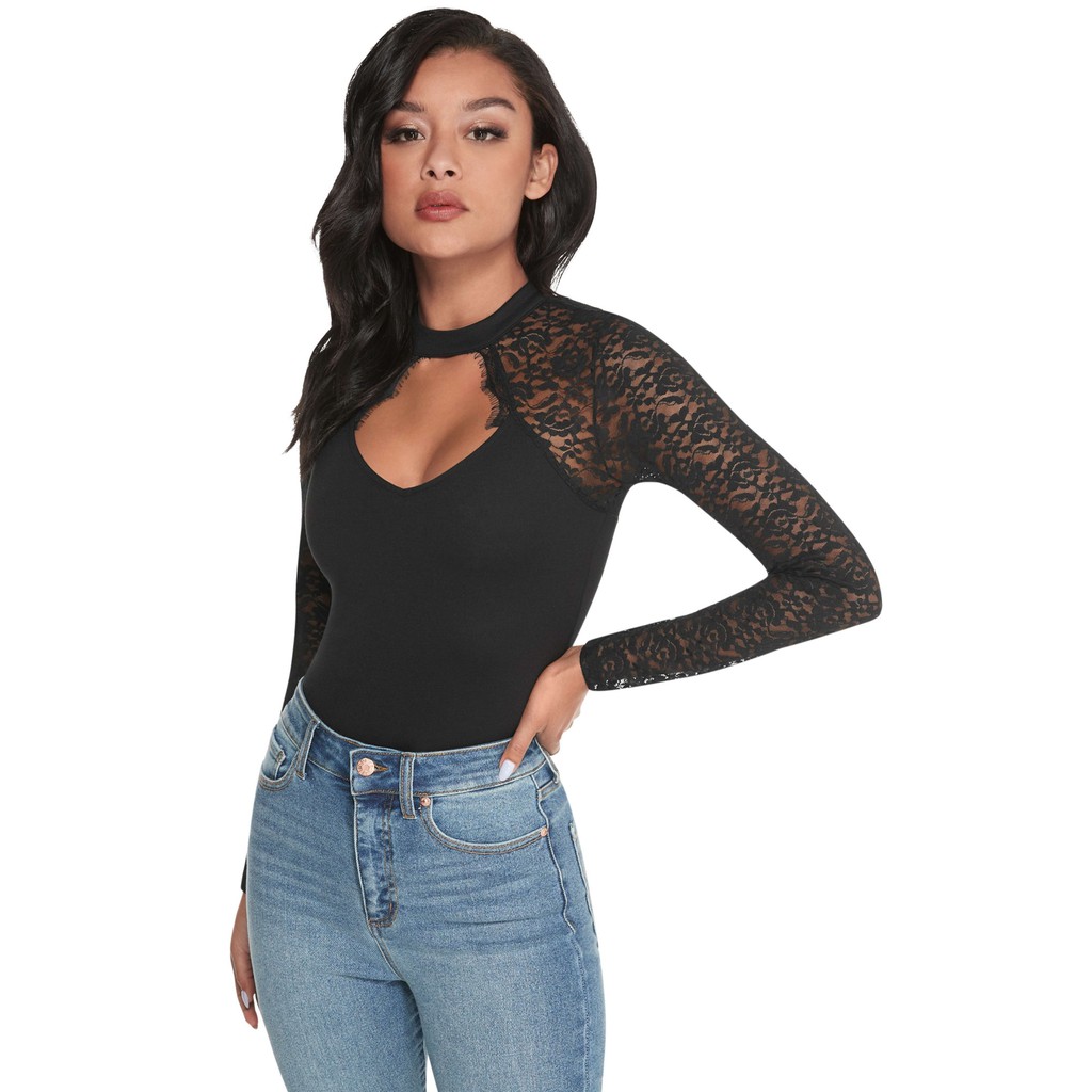 Bodysuit ren dài tay Guess Soraya cổ tim quyến rũ